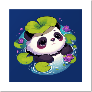 Kawaii Anime Panda Bear Bath With Water Lily Posters and Art